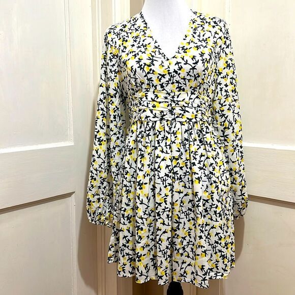Boohoo Floral Raffia Long Sleeve Mini Dress White Yellow Spring Women 8 - Picture 1 of 8